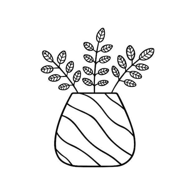 花瓶の手描きの花落書きスケッチスタイルの観葉植物