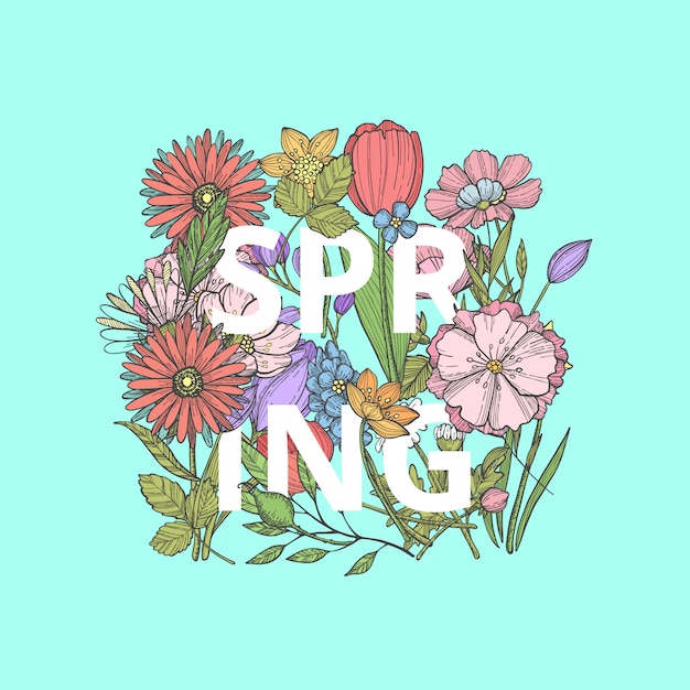 花束イラストの単語春と手描きの花