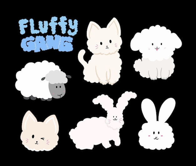 Hand drawn fluffy gang including dog cat bunny rabbit and sheep for animal logo icon ads post