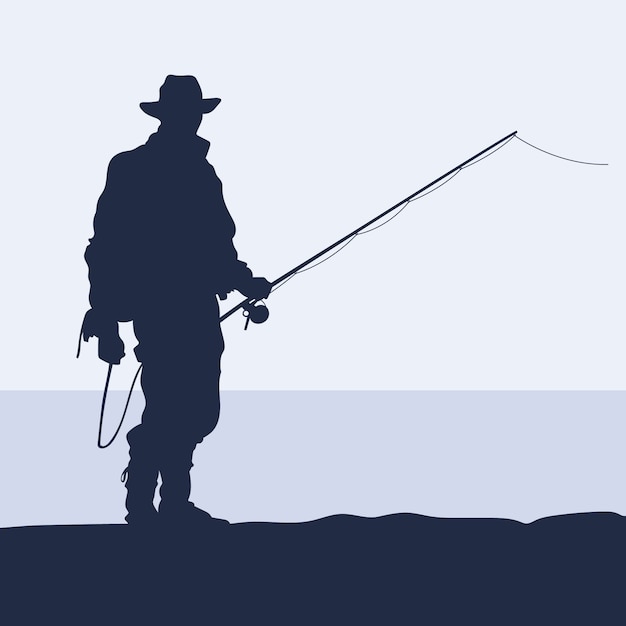 Vettore illustrazione della silhouette del pescatore a mosca disegnata a mano