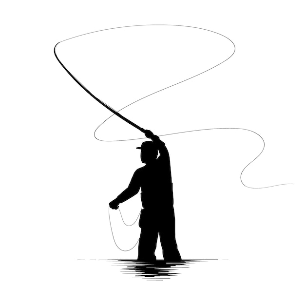 Hand drawn fly fisherman silhouette