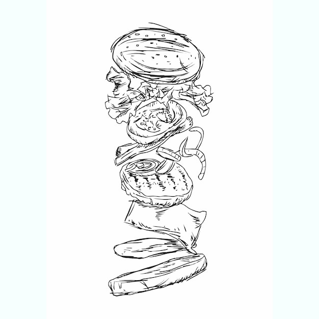 Vettore hamburger volante disegnato a mano, illustrazione burger bw