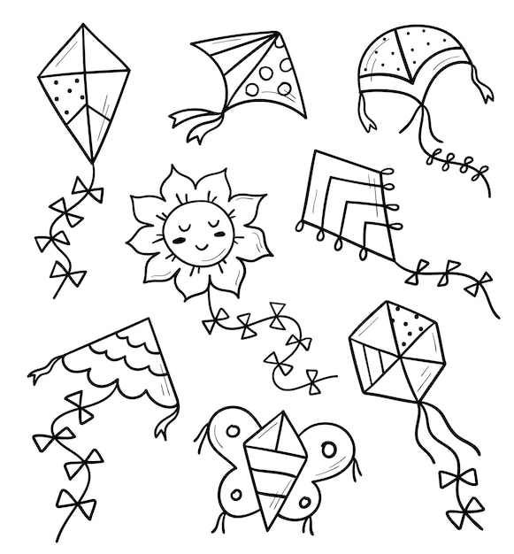 手描きの空飛ぶ凧セット。落書きスケッチ。さまざまな凧の種類と形。ベクトルイラスト。