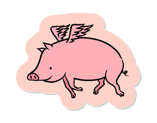 Hand drawn flying pig in sticker style vector illustration