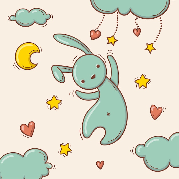 Hand drawn flying toy rabbit among the clouds.
