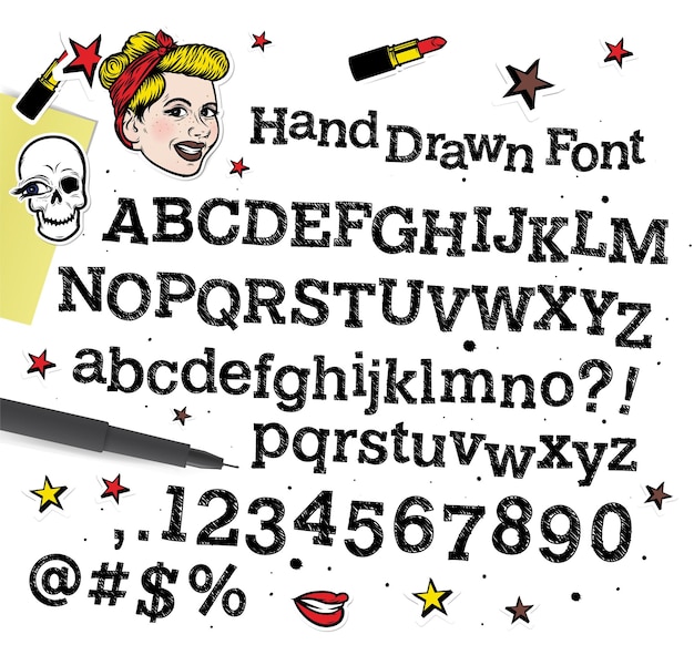 A hand drawn font with a pencil and a pen.