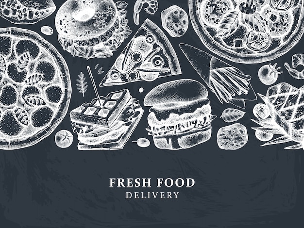 Hand drawn food delivery illustrations. Vintage background for restaurant, cafe or fast food truck menu. With engraved elements - burger, steak, fries, pizza sketches.