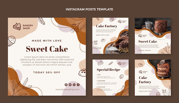 Vector hand drawn food instagram post set