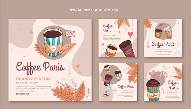 Vector hand drawn food instagram posts collection