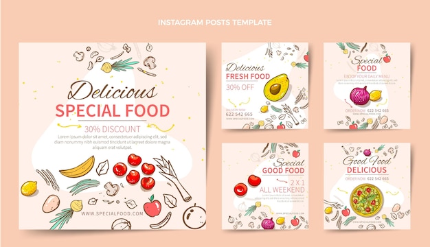 Vector hand drawn food instagram posts