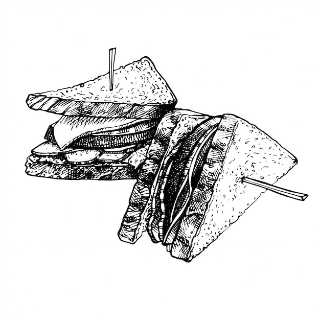 Schizzo di cibo disegnato a mano di sandwich, panini tostati.