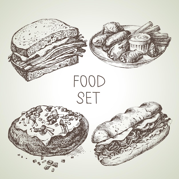 Vettore set di schizzi di cibo disegnato a mano di bistecca sub sandwich ali di pollo di bufalo con sandwich di manzo di patate illustrazioni vettoriali in bianco e nero vintage