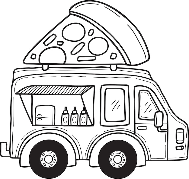 Ручной рисунок грузовика с едой и пиццей