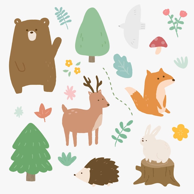 Vector hand drawn forest animal collection