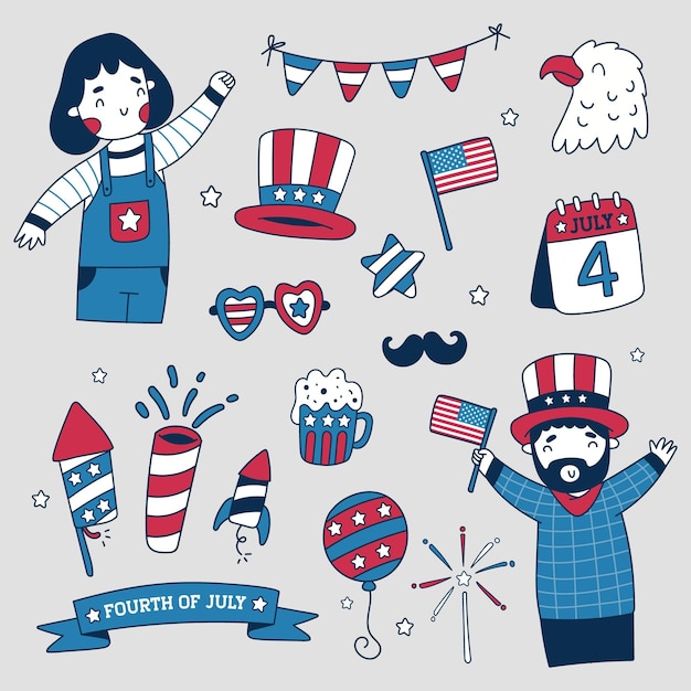 Vector hand drawn fourth of july element collection