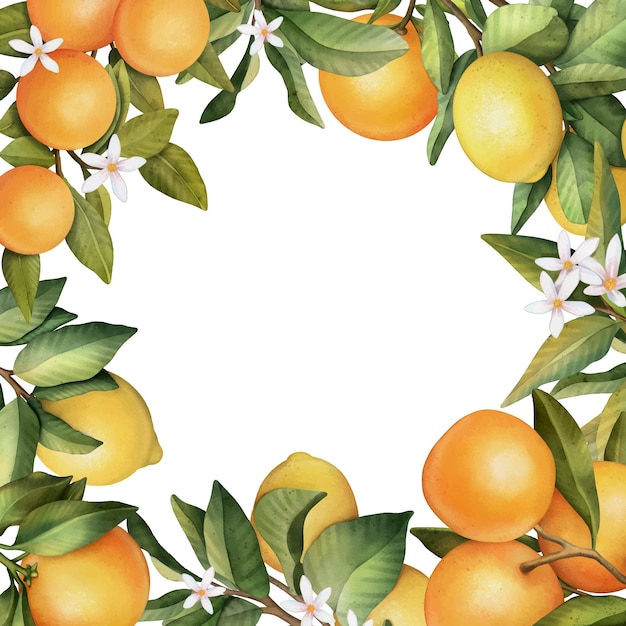 Нарисованная вручную рамка из акварельного апельсина и лимонаакварельный венок из лимона и листьев