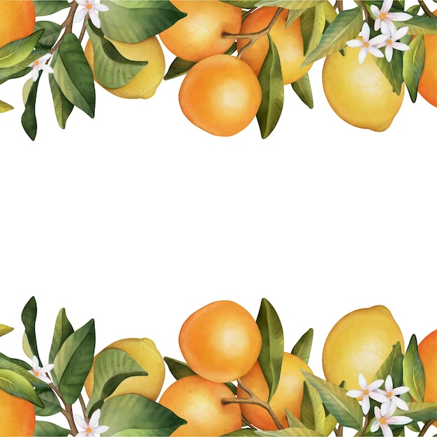 Нарисованная вручную рамка из акварельного апельсина и лимонаАкварельный венок из лимона и листьев
