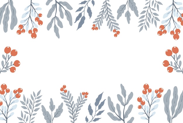 Vector hand drawn frame with grey leaves and red berries with empty space