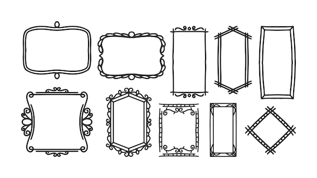 Vector hand drawn frames vector vintage doodle sketch picture frame illustration blank black square cadre rectangle label elegant sketches line isolated on white background