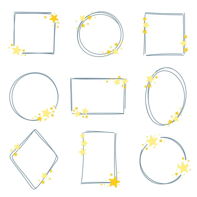 Hand drawn frames with golden stars set collection of doodle wreaths rims with stardust