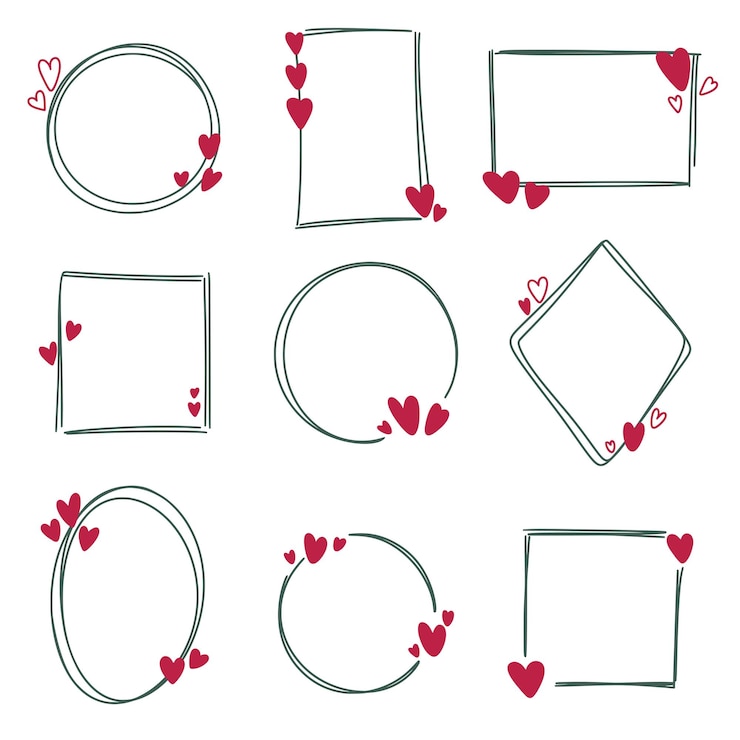 Vector hand drawn frames with hearts set flat isolated illustration