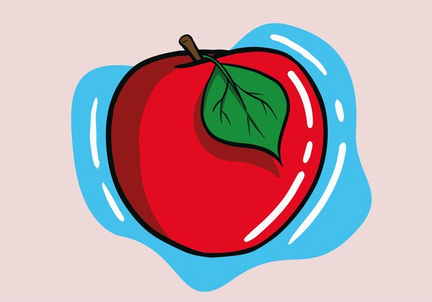 Vettore mela rossa fresca disegnata a mano con foglia su sfondo isolato in stile cartone animato