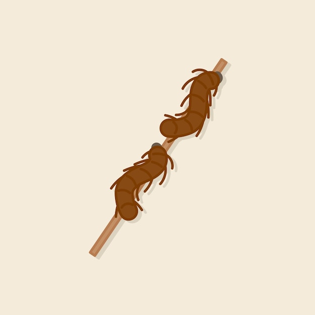 Vector hand drawn fried centipede on a stick. asian exotic food cartoon design food element street food.