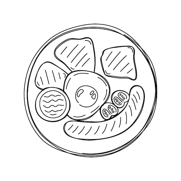 Hand drawn fried eggs with sausages tomato sauce and toasts English breakfast in a handdrawn style Vector