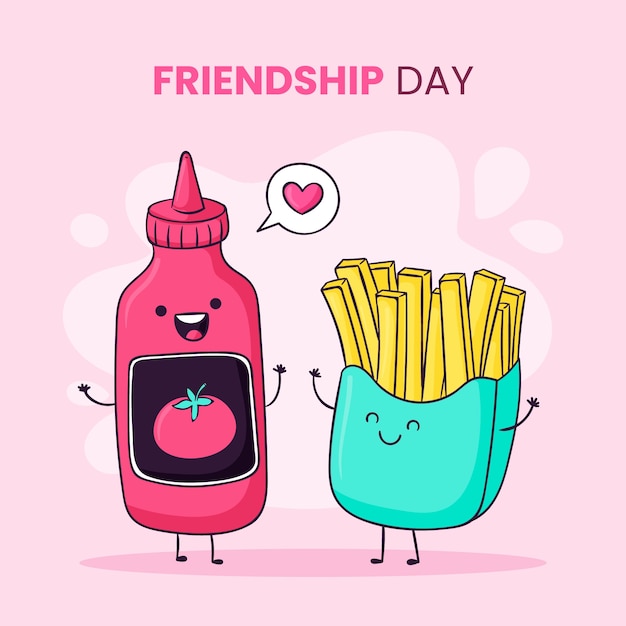 Вектор Нарисованная рукой иллюстрация дня дружбы с кетчупом и картошкой фри