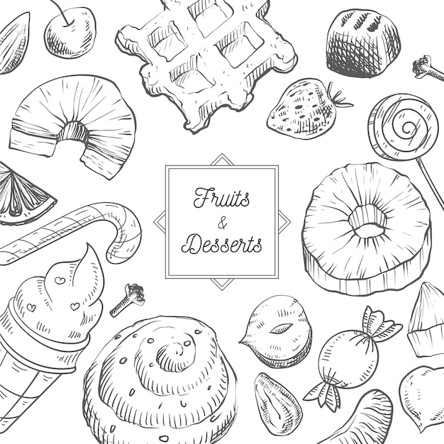 Vector hand drawn fruits and desserts background