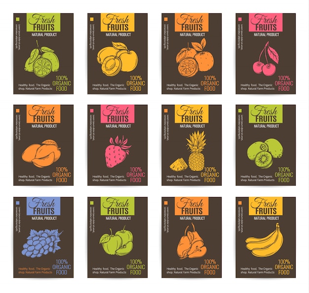 Hand drawn fruits posters set.