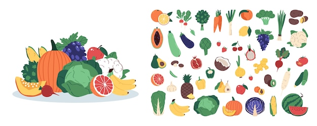 Vector hand drawn fruits and vegetables illustration icon set