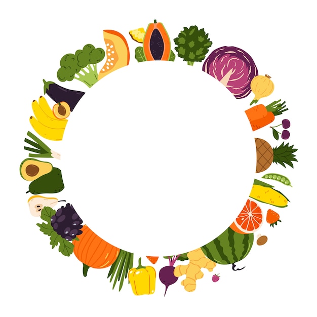 Vector hand drawn fruits and vegetables round frame on white background