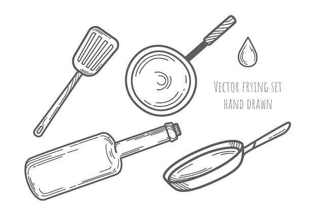 Hand drawn frying kitchen elements set. Frying utensils. Cooking food collection.