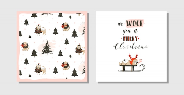 손으로 그린 재미 메리 크리스마스 시간 Coon 카드 귀여운 일러스트, 썰매에 퍼그 개와 흰색 배경에 현대 타이포그래피 텍스트 설정