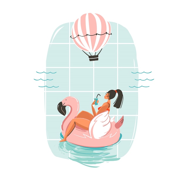 青い海の波でピンクのフラミンゴのフロート円で泳いでいる女の子と手描き楽しい夏時間イラストカード