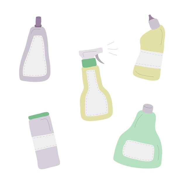 Vector hand drawn funny bottles of household chemicals