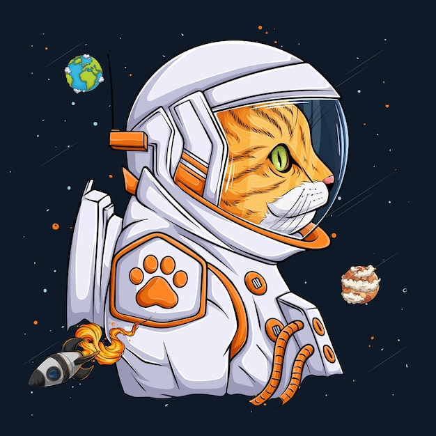 Hand drawn funny cat wearing astronaut spacesuit spaceman or cosmonaut cat over rocket and planets