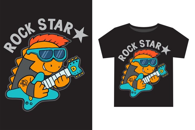 Hand drawn funny dino rock star with electric guitar cartoon illustration for kids t shirt