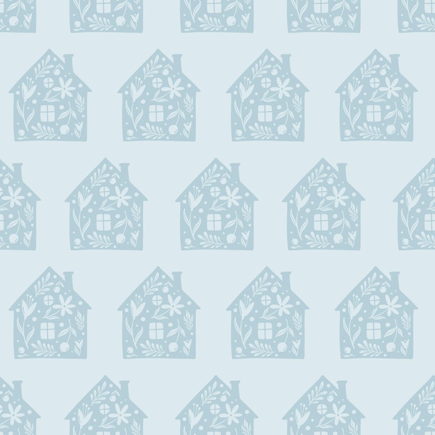 벡터 손으로 그린 재미있는 낙서 만화 양식에 일치시키는 주택 꽃 장식 실루엣 집 원활한 패턴