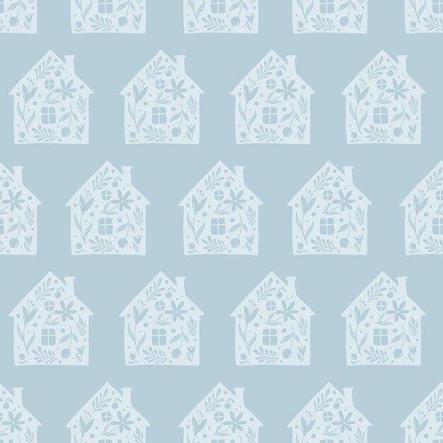 ベクトル 手描きの面白い落書き漫画様式化された家花装飾的なシルエット家のシームレスなパターン
