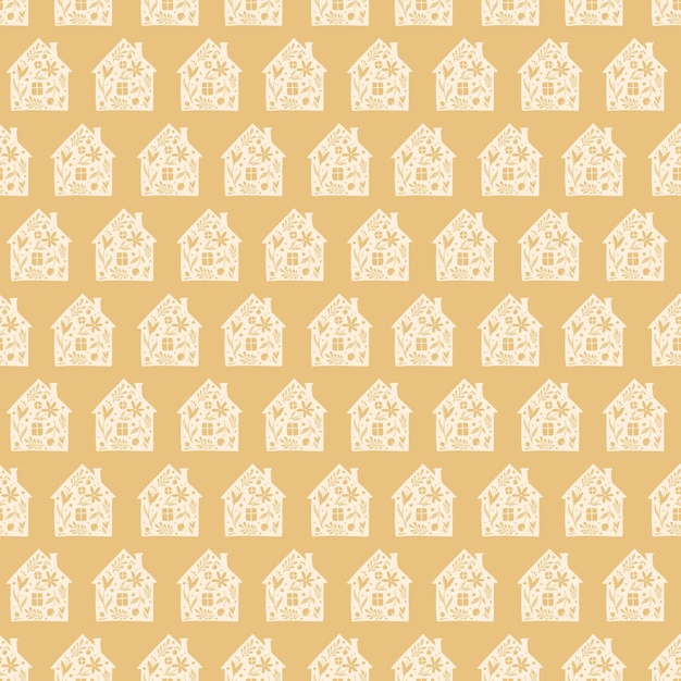 Vector hand drawn funny doodle cartoon stylized houses flowers decorative silhouette house seamless pattern