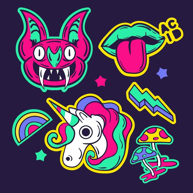 Vector hand drawn funny sticker collection with acid colors