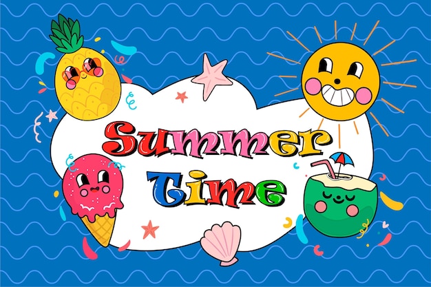 Vector hand drawn funny trendy cartoon summer time background