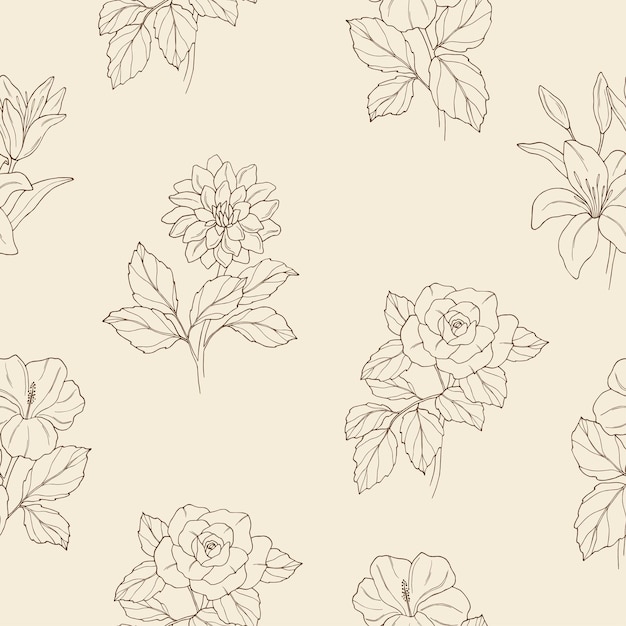 Hand drawn garden flowers seamless pattern