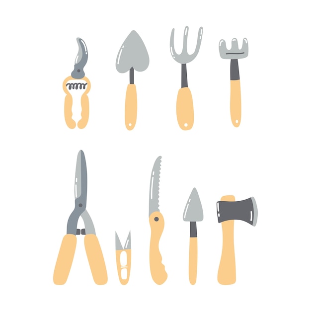 Hand drawn garden tools Set of agricultural equipment