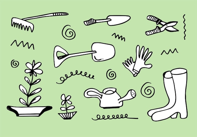 Hand drawn garden tools Spring gardening sketch plantvector illustration