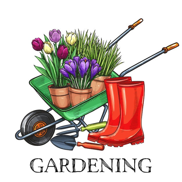 Vector hand drawn gardening banner. wheelbarrow, flowers, rubber boots and garden tools in a sketch style.  illustration.