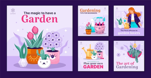 Vector hand drawn gardening hobby instagram posts template