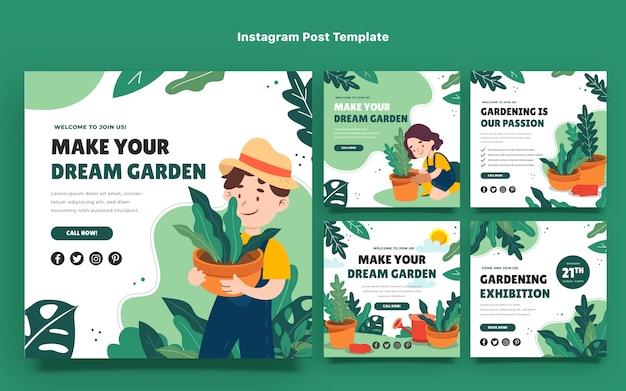 Vector hand drawn gardening instagram post pack